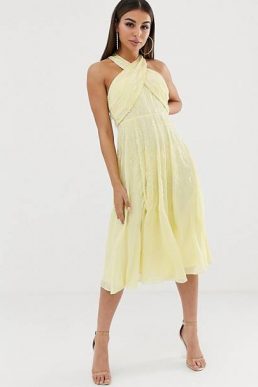 ASOS DESIGN embellished midi bridesmaid with wrap neck detail Yellow