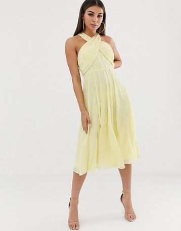 ASOS DESIGN embellished midi bridesmaid with wrap neck detail Yellow