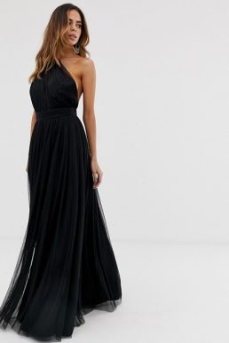 ASOS DESIGN premium one shoulder tulle maxi dress Black