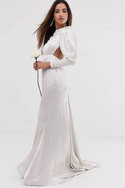 ASOS EDITION satin fishtail wedding dress with dramatic sleeve Ivory