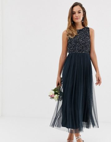 Maya Bridesmaid sleeveless midi tulle dress with tonal delicate sequin overlay navy