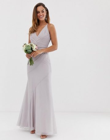 ASOS DESIGN Bridesmaid maxi dress with pleated cami bodice and fishtail skirt soft grey