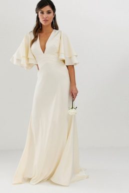 ASOS EDITION satin panelled wedding dress with flutter sleeve Ivory Oyster