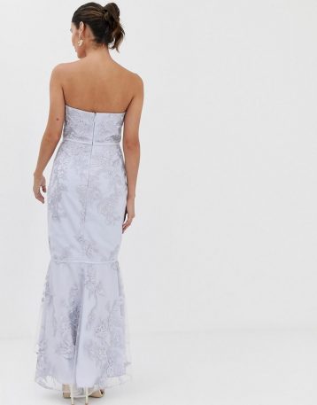 Bariano embroidered lace fluted hem midi maxi dress in grey lilac