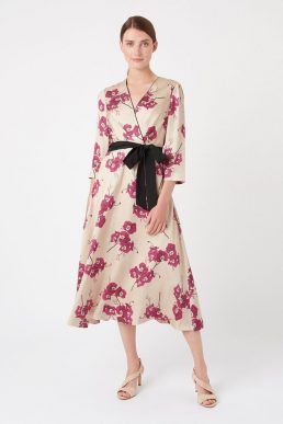 Hobbs Nina Floral Sleeve Midi Wrap Dress Cream Cerise Pink