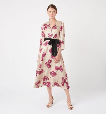 Hobbs Nina Floral Sleeve Midi Wrap Dress Cream Cerise Pink