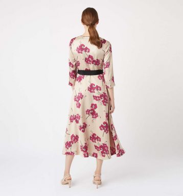 Hobbs Nina Floral Sleeve Midi Wrap Dress Cream Cerise Pink