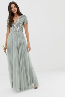 Maya Bridesmaid v neck maxi tulle sequin dress green lily