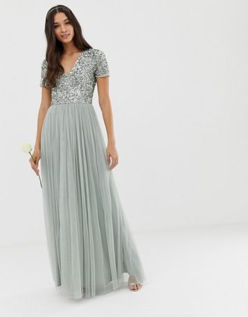 Maya Bridesmaid v neck maxi tulle sequin dress green lily