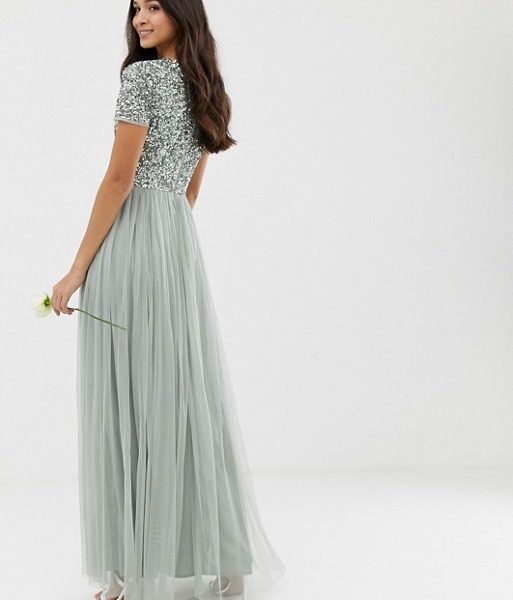 maya embellished tulle sleeve maxi tulle dress in green