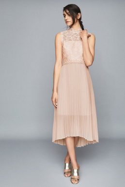 Reiss Aideen Lace Detail Pleated Midi Dress Pink Blush