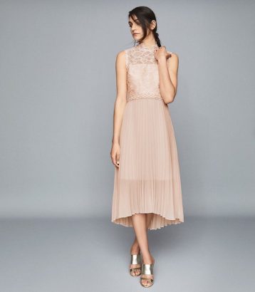 Reiss Aideen Lace Detail Pleated Midi Dress Pink Blush