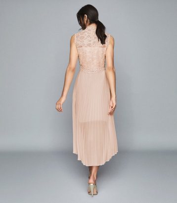 Reiss Aideen Lace Detail Pleated Midi Dress Pink Blush