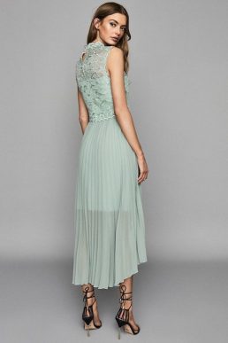 Reiss Aideen Lace Detail Pleated Midi Dress Sage green mint cream