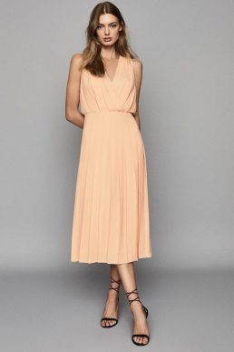 Reiss Mariona pleated midi dress nude orange
