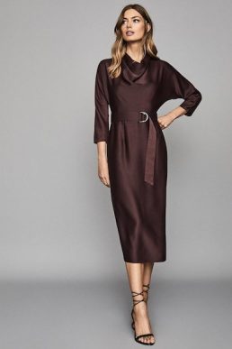 Reiss Vienna belted midi sleeve dress berry red