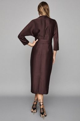 Reiss Vienna belted midi sleeve dress berry red