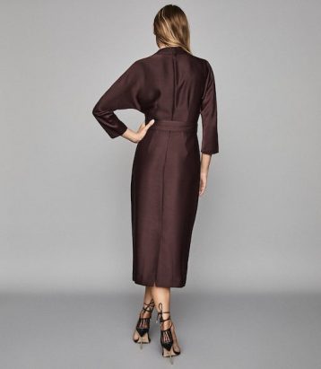 Reiss Vienna belted midi sleeve dress berry red