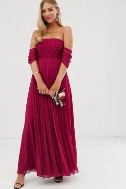 ASOS DESIGN Bridesmaid bardot ruched pleated maxi dress, Winter berry red