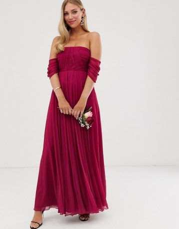 ASOS DESIGN Bridesmaid bardot ruched pleated maxi dress, Winter berry red