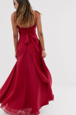 ASOS DESIGN Bridesmaid cami maxi dress ruched bodice tie waist Winter berry red