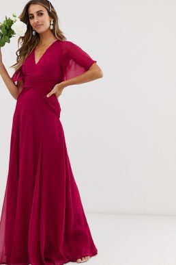 ASOS DESIGN Bridesmaid flutter sleeve maxi dress with pleated waist, Winter berry red