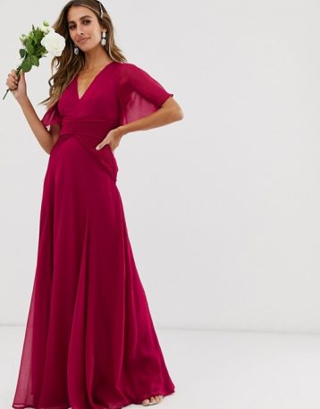 ASOS DESIGN Bridesmaid flutter sleeve maxi dress with pleated waist, Winter berry red