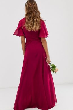 ASOS DESIGN Bridesmaid flutter sleeve maxi dress with pleated waist, Winter berry red