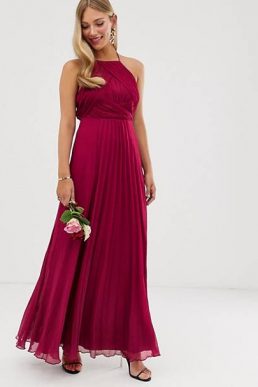 ASOS DESIGN Bridesmaid pinny bodice maxi dress with fishtail skirt, Berry red