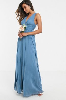 ASOS DESIGN Bridesmaid ruched bodice drape maxi dress with wrap waist Blue