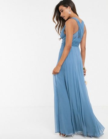 ASOS DESIGN Bridesmaid ruched bodice drape maxi dress with wrap waist Blue