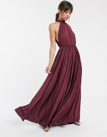 ASOS DESIGN Halter Pleated Waisted Maxi Dress Plum Purple