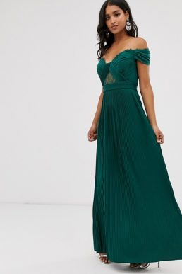 ASOS DESIGN lace and pleat bardot maxi bridesmaid dress Forest green