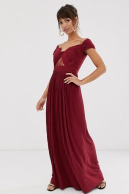 ASOS DESIGN lace and pleat bardot maxi bridesmaid dress Oxblood Red