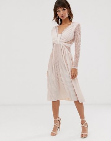 ASOS DESIGN lace and pleat long sleeve midi dress Nude Blush