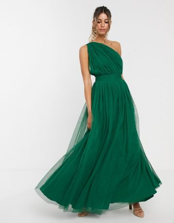 ASOS DESIGN one shoulder tulle maxi bridesmaid dress Green