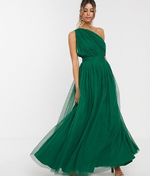 one shoulder green gown