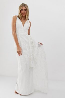 Bariano bridal sequin maxi dress with detachable skirt in white