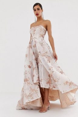 Bariano embellished bandeau mesh and sequin ball gown in rose gold