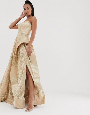 Bariano strapless glitter ballgown in rose gold gold