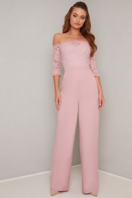 Chi Chi Carmen Lace Sleeve Jumpsuit Blush Pale Pink