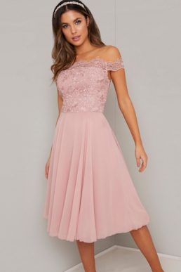 Chi Chi Colby Bardot Lace Dress Pink