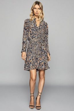 Reiss Lilia Feather Printed Mini Dress Navy Blue Orange