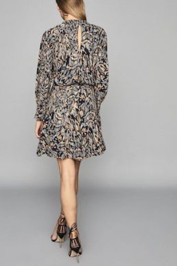 Reiss Lilia Feather Printed Mini Dress Navy Blue Orange