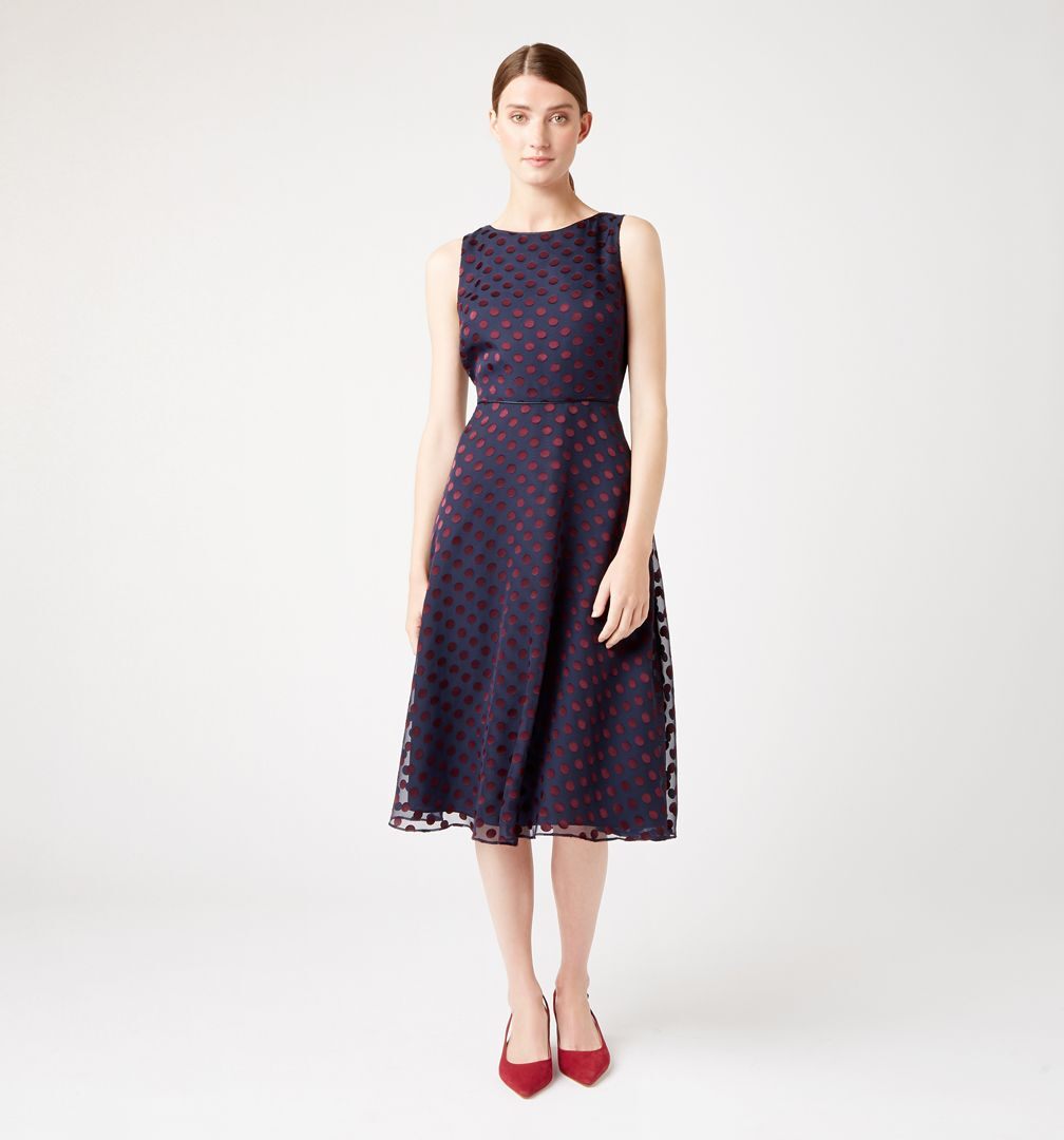 Hobbs Adeline Spot Dress Navy Burgundy myonewedding