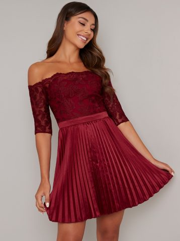 Chi Chi Kaisa Lace Sleeve Pleat Dress Burgundy Red