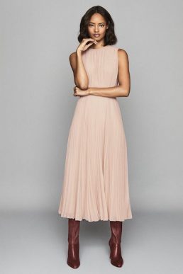 Reiss Pandora Pleat Detailed Midi Dress Nude Pink