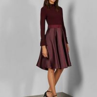Ted Baker ZADI Frill neck full skirt dress Maroon Red SALE Wedding Guest