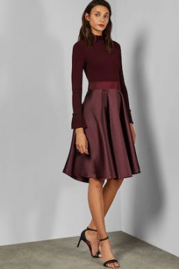 Ted Baker ZADI Frill neck full skirt dress Maroon Red