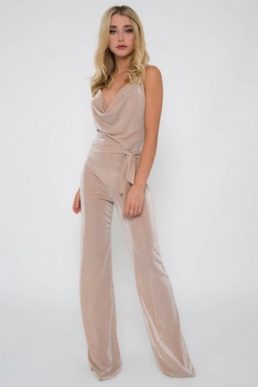 TFNC Carmen Nude Cowl Jumpsuit Beige